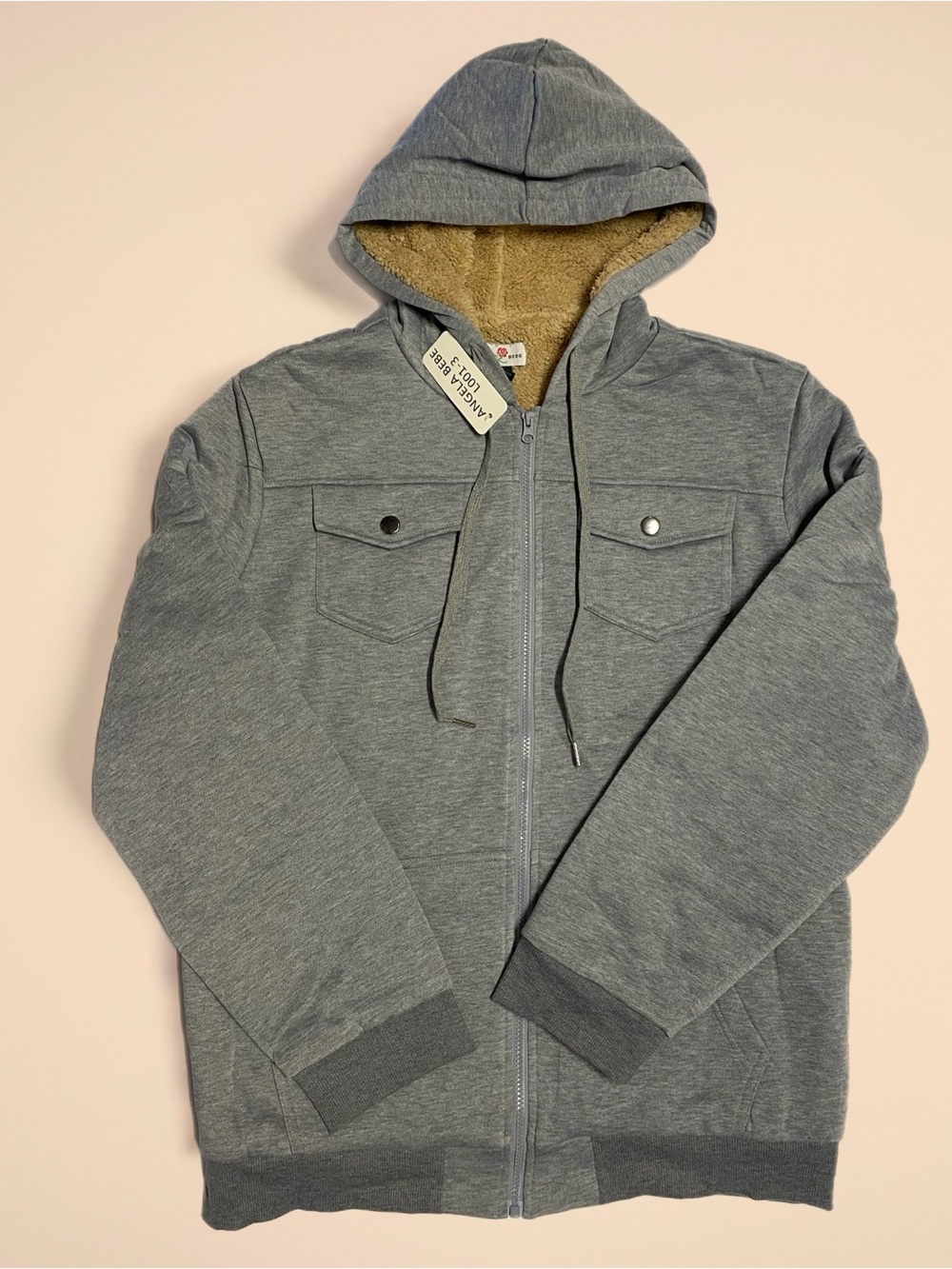 Angela BEBE Gray Zip-Up Hooded Sweater with Tan Sherpa Lining